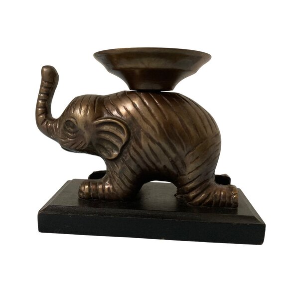 Bronze Painted Elephant Candle Holder Statue On Wooden Base Accent Piece - Picture 2 of 8